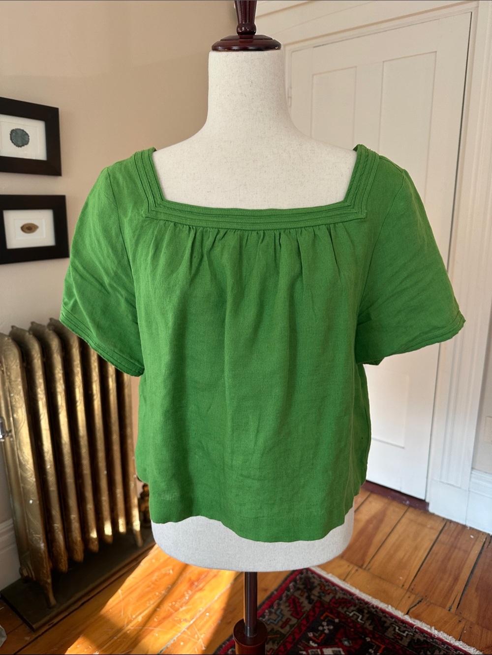 J. Crew Bright Green Square-Neck Cropped Linen Top
